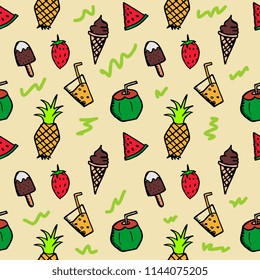 Seamless summer doodle hand drawn pattern with colorful holiday beach stuff.