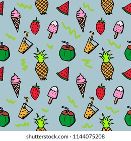 Seamless summer doodle hand drawn pattern with colorful holiday beach stuff.