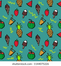 Seamless summer doodle hand drawn pattern with colorful fruits holiday beach stuff.