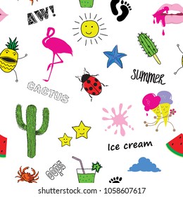 seamless summer doodle pattern, ice cream, pineapple, flamingo, cactus, lips,vector illustration