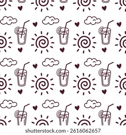 Seamless Summer Doodle Pattern with Sun, Clouds, Drinks and Hearts. Perfect for summer vibes and tropical designs. Great for textiles, wrapping, and digital use.
