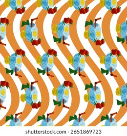 Padrão De Fruta De Bebida De Verão Sem Costura. Padrão com frascos de limonada de desenho animado, morangos, fatias de limão e folhas verdes sobre fundo laranja ondulado e branco. Estilo plano, vibração de verão lúdica e brilhante.