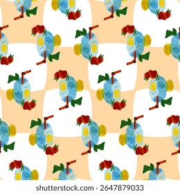 Seamless Summer Drink Pattern. Seamless pattern with summer drinks, lemon slices, strawberries, and leaves on checkered background. Flat style with bright fresh colors.