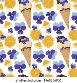 Seamless summer edible refreshing pattern of orange slices with ice cream decorated with violet flowers