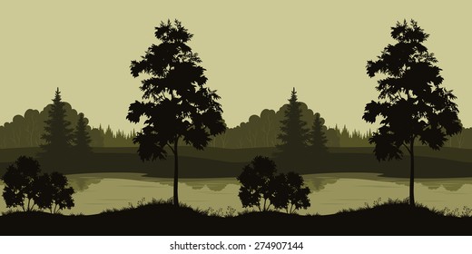 Seamless Summer Evening Landscape, Trees Silhouettes and Forest River. Vector