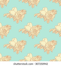 Seamless summer floral pattern background with a blossoming branch of wild rose. Vector Illustration