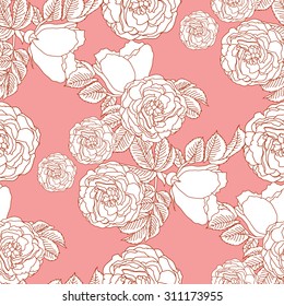 Seamless summer floral pattern background with a blossoming branch of wild rose. Vector Illustration