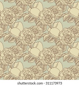Seamless summer floral pattern background with a blossoming branch of wild rose. Vector Illustration