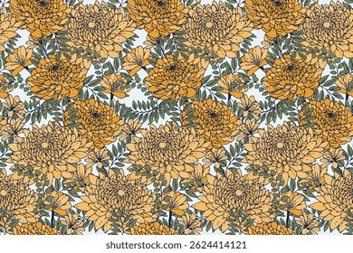Seamless summer floral pattern. Bloom mixed with herbs, leaves and meadow plants. Vector drawn illustration. Yellow flowers background. Nature ornament for designs, fabric, textiles