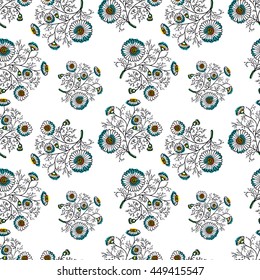 Seamless summer floral pattern with decorative daisies and foliage bouquets. Vector ornament with hand drawn contour flowers on white background can be used for textile, bedclothes, linen, prints etc