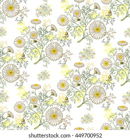Seamless summer floral pattern with decorative daisies and foliage. Vector ornament with hand drawn flowers on white background can be used for textile, bedclothes, linen, prints etc