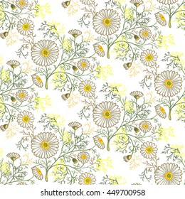 Seamless summer floral pattern with decorative daisies and foliage. Vector ornament with hand drawn flowers on white background can be used for textile, bedclothes, linen, prints etc