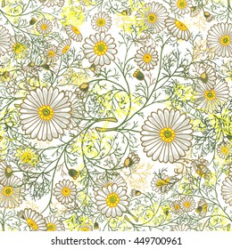 Seamless summer floral pattern with decorative daisies and foliage. Vector ornament with hand drawn flowers on white background can be used for textile, bedclothes, linen, prints etc