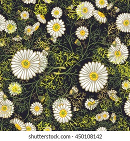 Seamless summer floral pattern with decorative daisies and foliage. Vector ornament with hand drawn flowers on dark grey-violet background can be used for textile, bedclothes, linen, prints etc