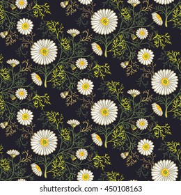 Seamless summer floral pattern with decorative daisies and foliage. Vector ornament with hand drawn flowers on dark grey-violet background can be used for textile, bedclothes, linen, prints etc