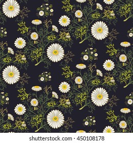 Seamless summer floral pattern with decorative daisies and foliage. Vector ornament with hand drawn flowers on dark grey-violet background can be used for textile, bedclothes, linen, prints etc