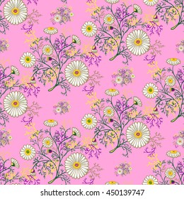 Seamless summer floral pattern with decorative daisies and foliage. Vector ornament with hand drawn flowers on pink background can be used for textile, bedclothes, linen, prints etc