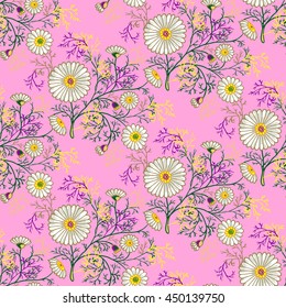 Seamless summer floral pattern with decorative daisies and foliage. Vector ornament with hand drawn flowers on pink background can be used for textile, bedclothes, linen, prints etc