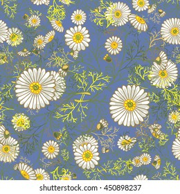 Seamless summer floral pattern with decorative daisies and foliage. Vector ornament with hand drawn flowers on grey blue background can be used for textile, bedclothes, linen, prints etc