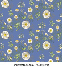 Seamless summer floral pattern with decorative daisies and foliage. Vector ornament with hand drawn flowers on grey blue background can be used for textile, bedclothes, linen, prints etc