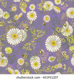Seamless summer floral pattern with decorative daisies and foliage. Vector ornament with hand drawn flowers on purple background can be used for textile, bedclothes, linen, prints etc