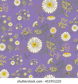 Seamless summer floral pattern with decorative daisies and foliage. Vector ornament with hand drawn flowers on purple background can be used for textile, bedclothes, linen, prints etc