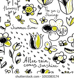 Seamless summer floral pattern with  flowers, leaves, bee, dragonfly and butterfly on a white background. Floral design and doodle elements. Vector illustration