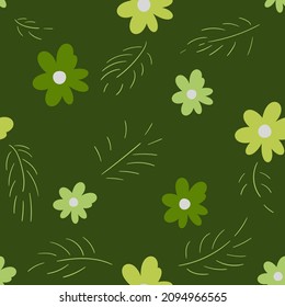 Seamless summer floral pattern on a dark green background. Simple childish flowers in doodle style. Use for printing on paper, fabric, packaging, wallpaper. Eps10.