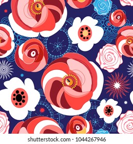 Seamless summer floral pattern of roses on a dark background. Template for design.