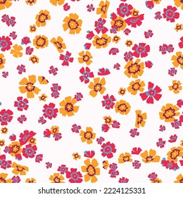 Seamless summer floral pattern. Scattered all over print small colorful blossom daisy buds in simple sketch flat manner. Cute tiny flowers. Vintage fashion background for fabric, textile, wrapping.