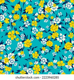 Seamless summer floral pattern. Small blossom daisies, wildflowers and plants in simple sketch flat manner. Cartoon Boho-chic style. Botanical fashion print for design, fabric, textile, wrapping, card