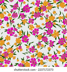 Seamless summer floral pattern. Small blossom daisies, wildflowers and plants in simple sketch flat manner. Cartoon Boho-chic style. Botanical fashion print for design, fabric, textile, wrapping, card