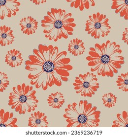 Seamless summer flower pattern. Big blossom sunflowers pattern on Cream background.Seamless pattern with abstract spring color sunflowers.