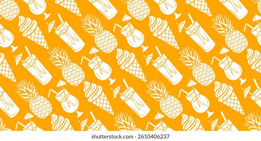 Seamless summer food pattern with hand-drawn doodle pineapples, ice cream cones and tropical cocktails in white line art on vibrant orange background. Fun and fruity design for summer projects.