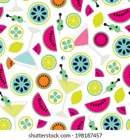 Seamless summer fruit cocktail drink illustration tropical beach party background pattern in vector