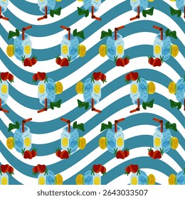 Seamless Summer Fruit Drink Pattern. Seamless pattern with cartoon lemonade jars, strawberries, lemon slices, and mint on blue and white wavy striped background. Flat style, vibrant summer palette.