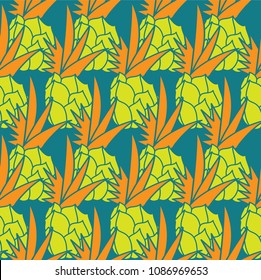 seamless summer fruit pattern. Yellow ripe pineapple. Can be used for pattern fills, web page background. Fashion tropics funny wallpapers