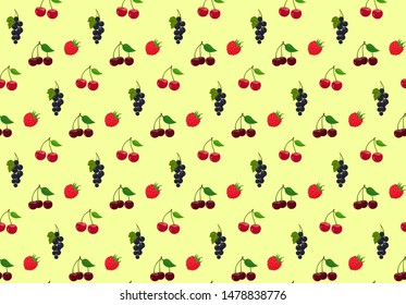 seamless summer garden berries texture. vector background with fruit: cherry, sweet cherries, raspberryand black currant