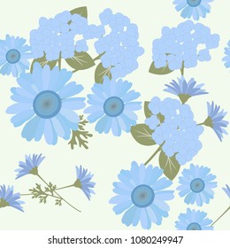 Seamless summer gentle pattern. Blue gerbera, chrysanthemum and hydrangeas. For decorating textiles, packaging, web design. Vector illustration.