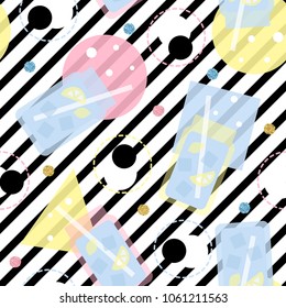 seamless summer glitter pattern on stripe background with fresh juice