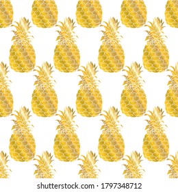 Piña dorada de verano inmaculada sobre fondo de color. Patrón sin foco en el vector. Ilustración de frutas