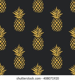 Seamless Summer Gold Pineapple On Black Background. Seamless Pattern In Vector. Fruit Illustration