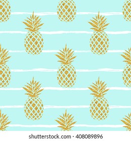 Seamless summer gold pineapple on striped background. Seamless pattern in vector. Fruit illustration