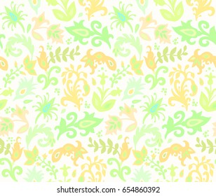 Seamless summer green vector floral pattern on white background