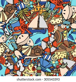 Seamless of Summer hand doodles elements Pattern. Vector illustration