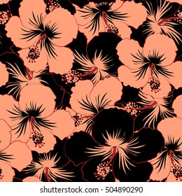 Seamless. Summer hawaiian seamless pattern with tropical plants and beige and black hibiscus flowers.
