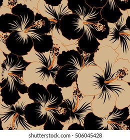 Seamless. Summer hawaiian seamless pattern with tropical plants and beige and black hibiscus flowers.