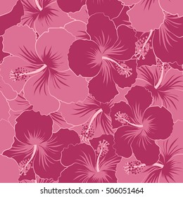 Seamless. Summer hawaiian seamless pattern with tropical plants and purple and violet hibiscus flowers.