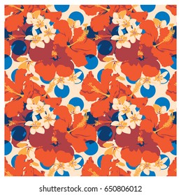 Seamless summer Hawaiian tropical pattern with, palm leaves and flowers.