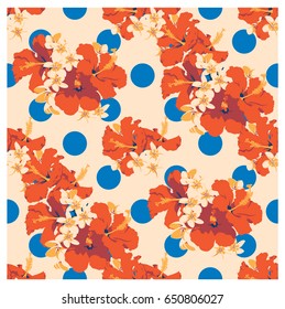 Seamless summer Hawaiian tropical pattern with, palm leaves and flowers.